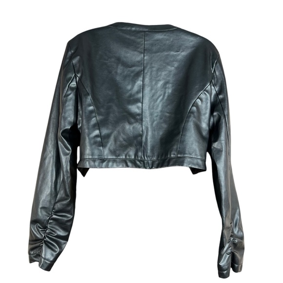 Lane Crawford NY Paris Black Vegan Leather Ruched Full Zip Cropped Jacket Size M - Picture 3 of 9